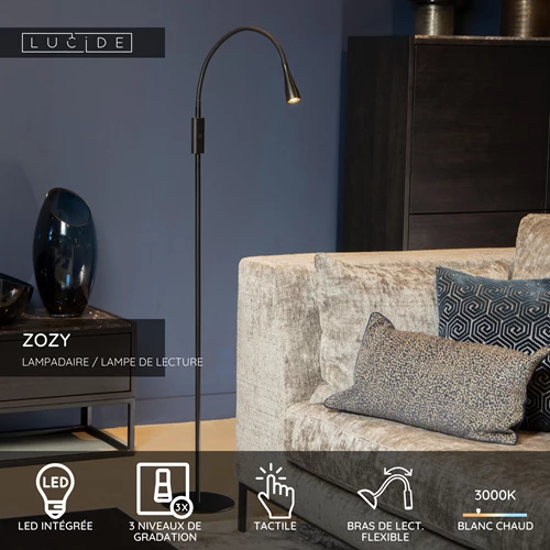 Lucide ZOZY - Lampadaire / lampe de lecture - LED 3 StepDim - 1x4W 3000K - Noir - USP